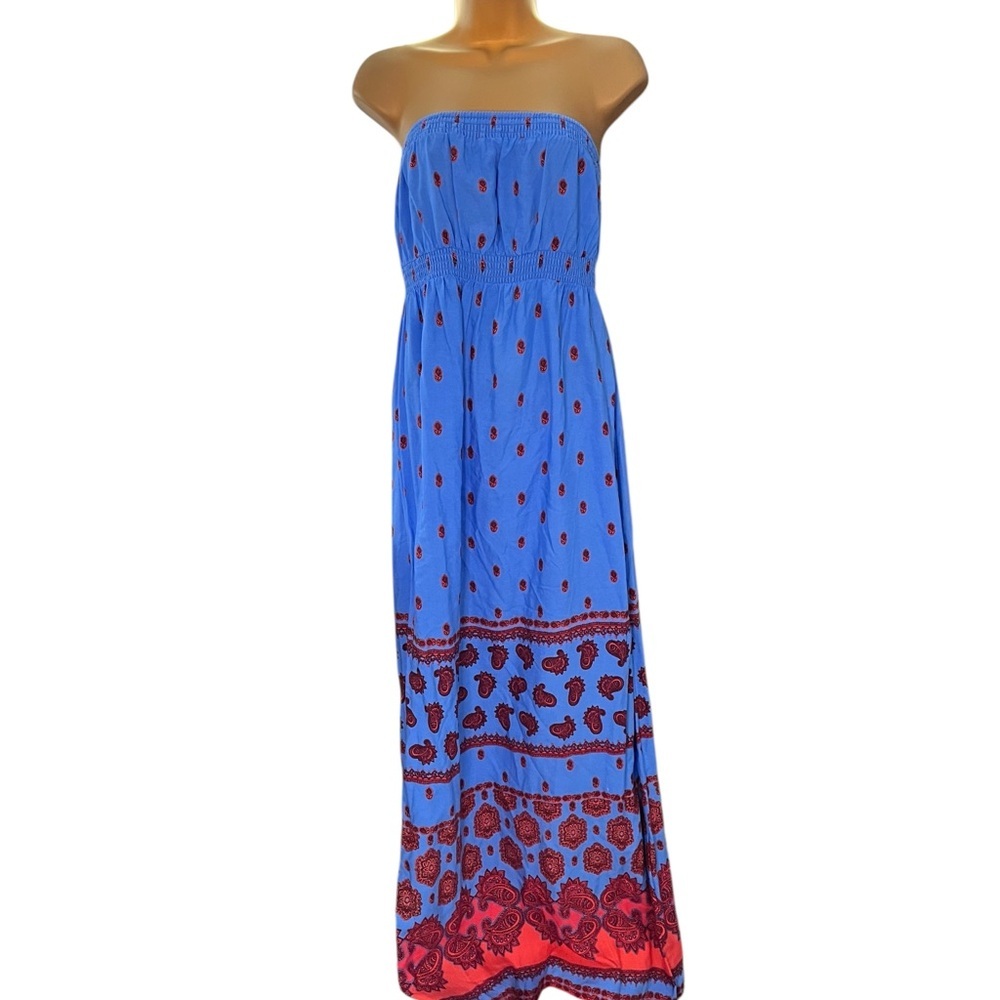 Old Navy Strapless Maxi Dress Smocked Bodice Paisley Print Blue Red S
